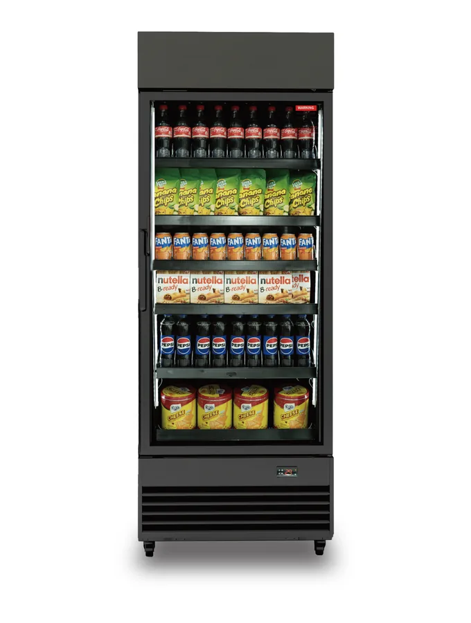 AI Vending Labs smart cooler with glass door, stocked with drinks, snacks and fresh food