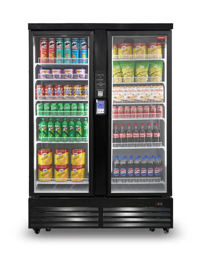 Double-door micro market cooler with self-checkout, stocked with snacks and drinks