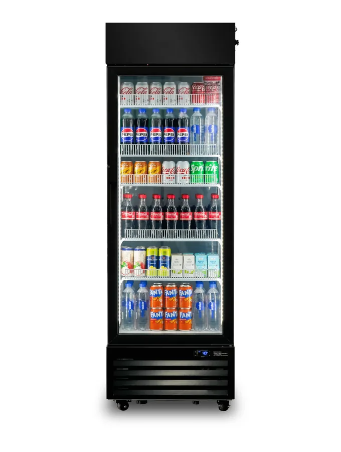 Single-door compact smart cooler stocked with drinks and snacks